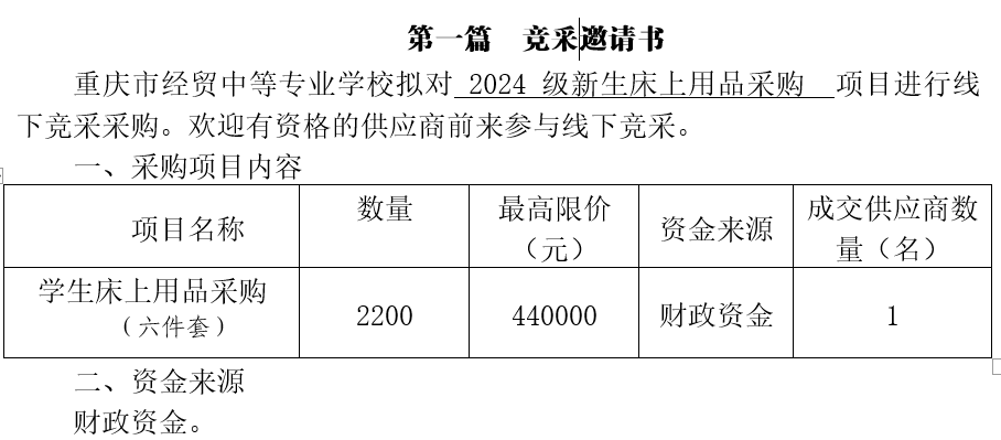 學(xué)校2024級(jí)新生床上用品采購招標(biāo)公告